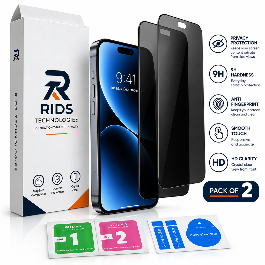 RIDS Technologies iPhone 14 PLUS Privacy Tempered Glass Screen Protector Pack of 2 | 28° Side View Privacy, 9H Hardness, Anti-Fingerprint, HD Clarity & Smooth Touch