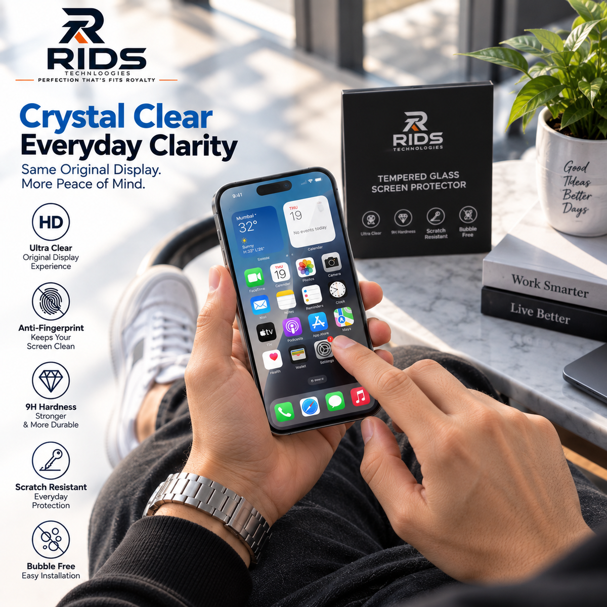 RIDS Technologies iPhone 14 PLUS Tempered Glass Pack of 2 | Crystal Clear HD, 9H Hardness, Anti-Fingerprint & Scratch Resistant