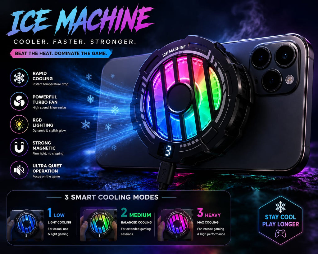 RIDS Technologies Gaming Phone Cooler – Ice Machine MagSafe Mobile Cooler, 3-Level Cooling, RGB Lighting, Powerful Fan, Magnetic Phone Cooler, USB Type-C