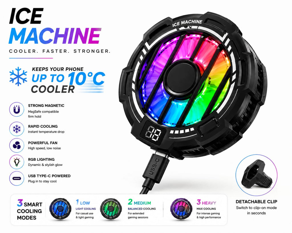 RIDS Technologies Gaming Phone Cooler – Ice Machine MagSafe Mobile Cooler, 3-Level Cooling, RGB Lighting, Powerful Fan, Magnetic Phone Cooler, USB Type-C