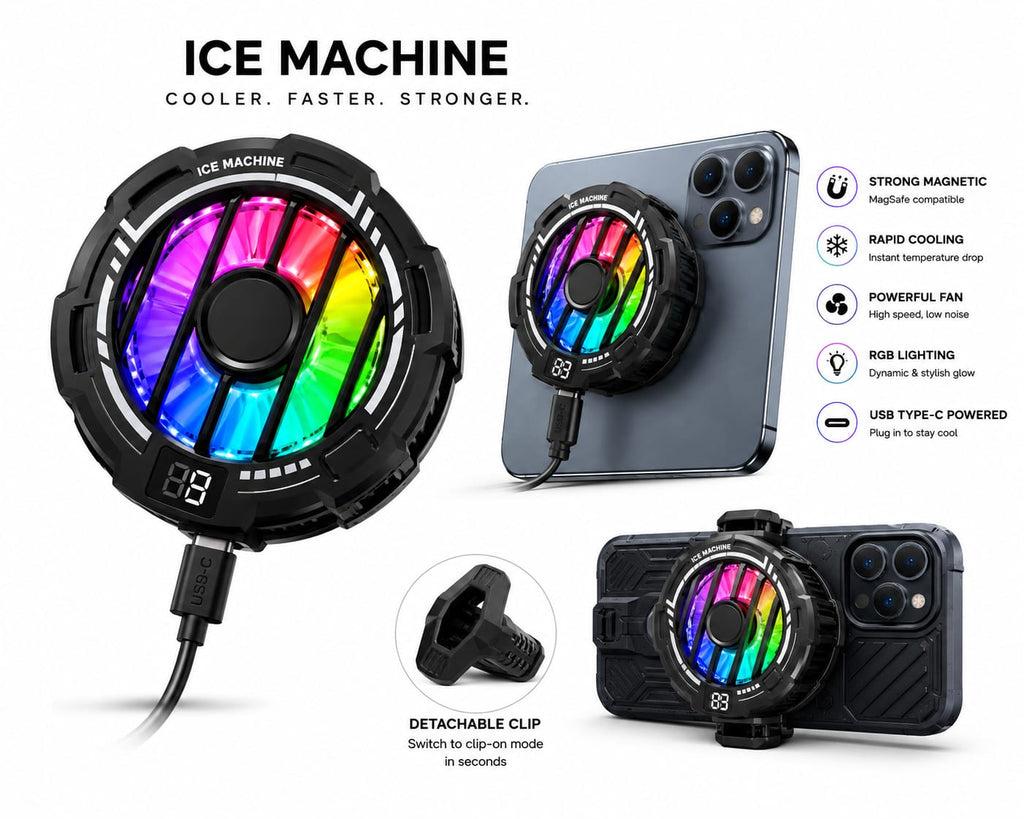 RIDS Technologies Gaming Phone Cooler – Ice Machine MagSafe Mobile Cooler, 3-Level Cooling, RGB Lighting, Powerful Fan, Magnetic Phone Cooler, USB Type-C