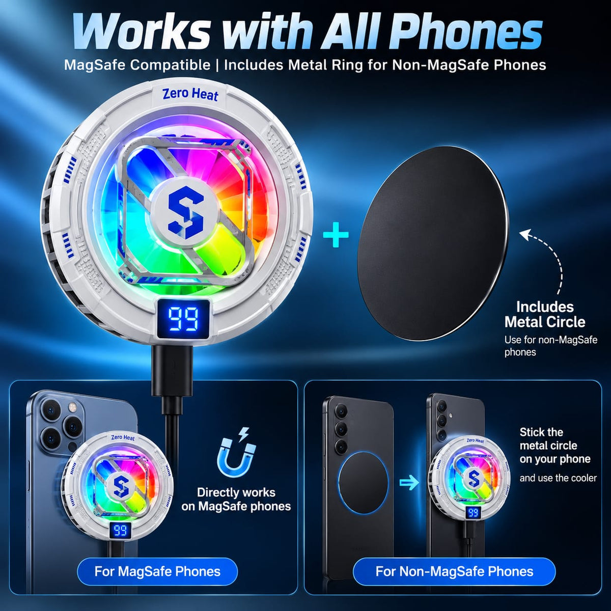 RIDS Technologies Zero Heat 30°C Gaming Phone Cooler | MagSafe Magnetic Mobile Cooler with RGB Lighting, Powerful Fan & USB Type-C