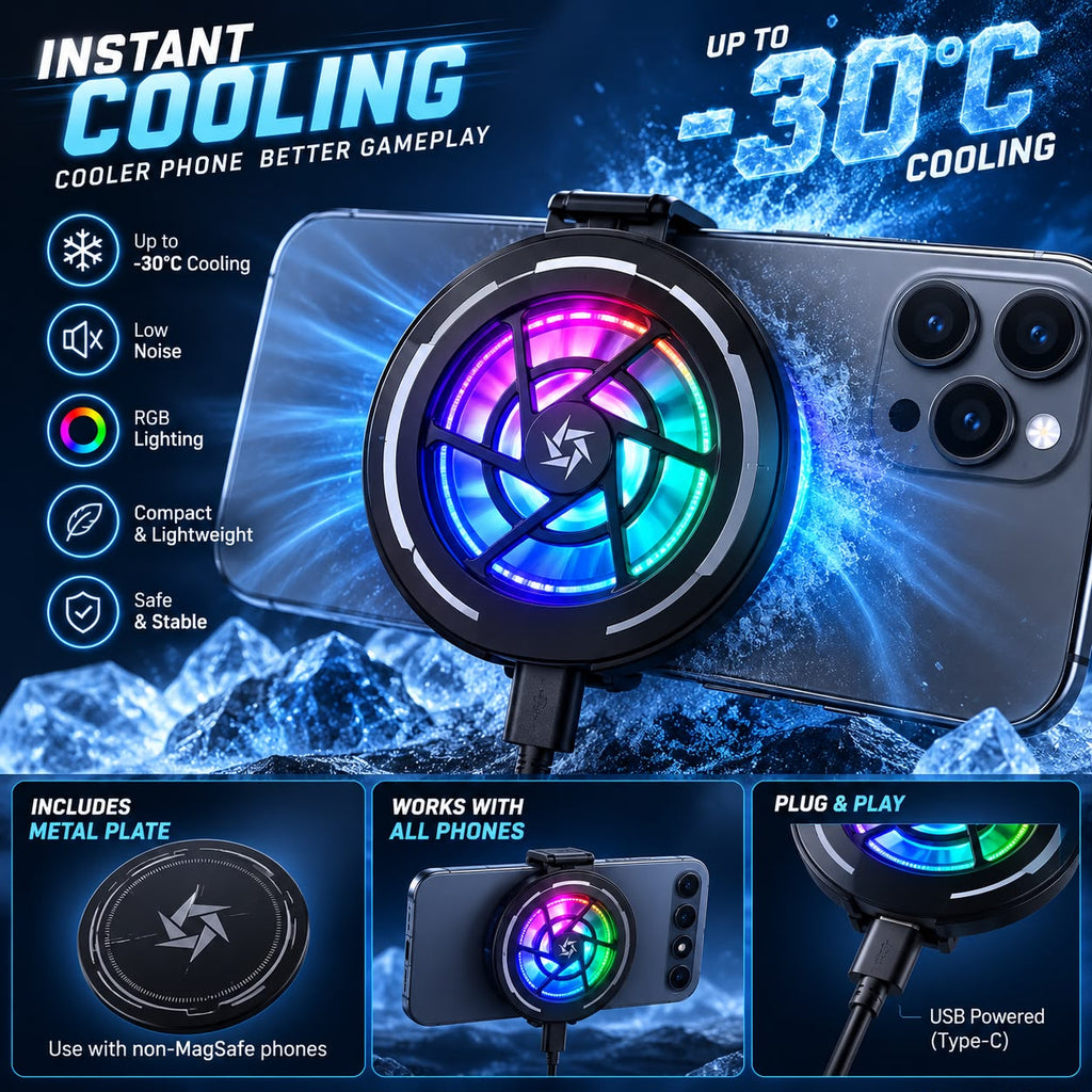 RIDS Technologies 30°C Gaming Phone Cooler | Magnetic MagSafe Mobile Cooler, RGB Cooling Fan, Low Noise, USB Type-C, iPhone & Android