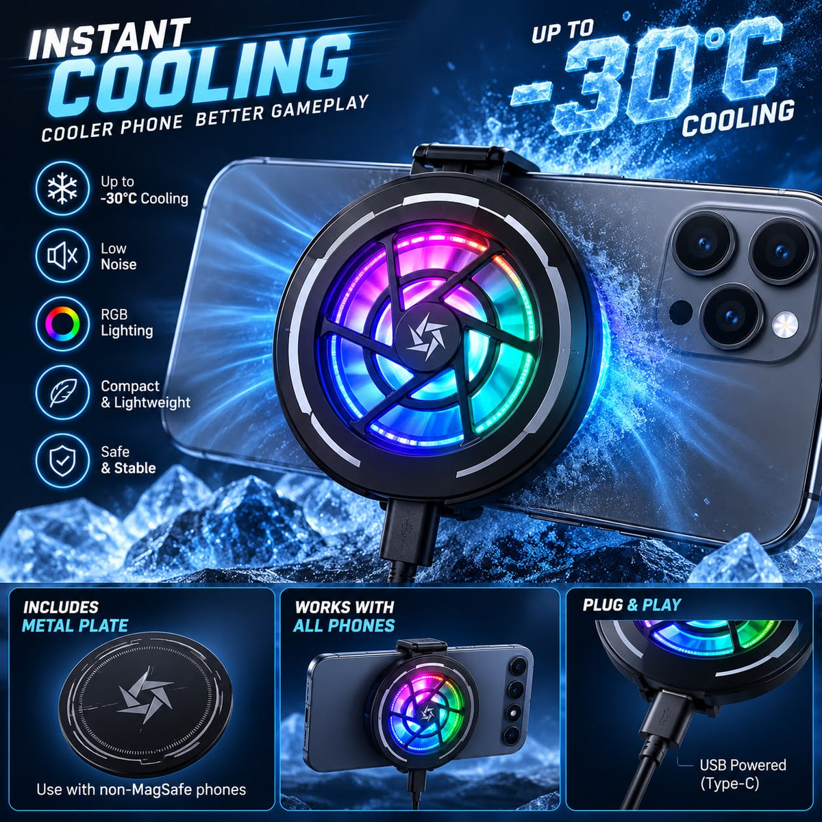 RIDS Technologies 30°C Gaming Phone Cooler | Magnetic MagSafe Mobile Cooler, RGB Cooling Fan, Low Noise, USB Type-C, iPhone & Android