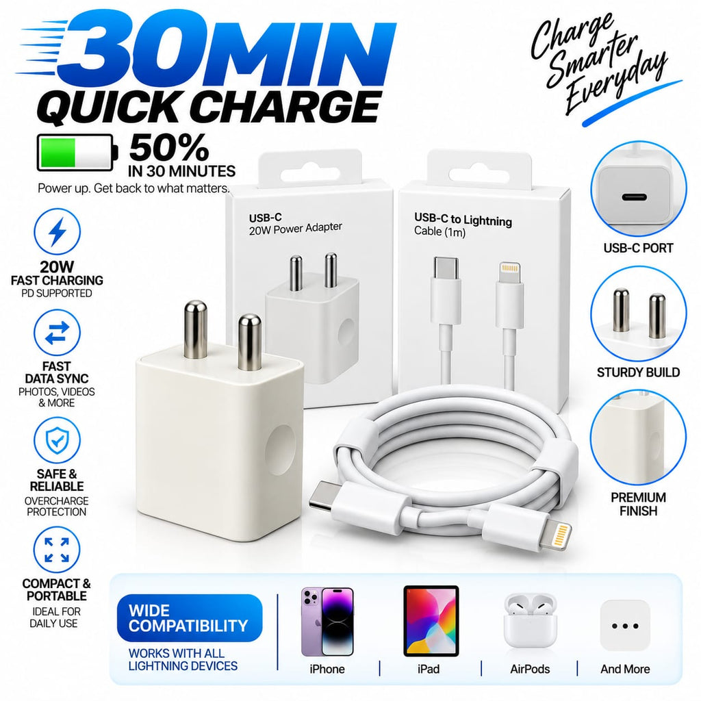 RIDS Technologies 20W Fast Charger with USB-C to Lightning Cable – PD Fast Charging Adapter & 1M Data Sync Cable Combo for iPhone