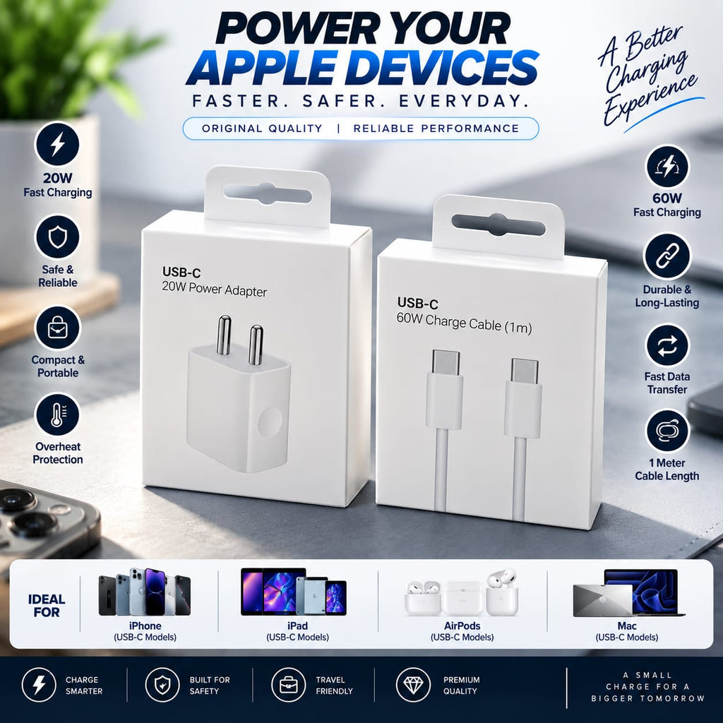 RIDS Technologies 20W Fast Charger with 60W USB-C to USB-C Cable 1M – PD Power Adapter & Fast Charging Cable for iPhone, iPad, AirPods & Mac