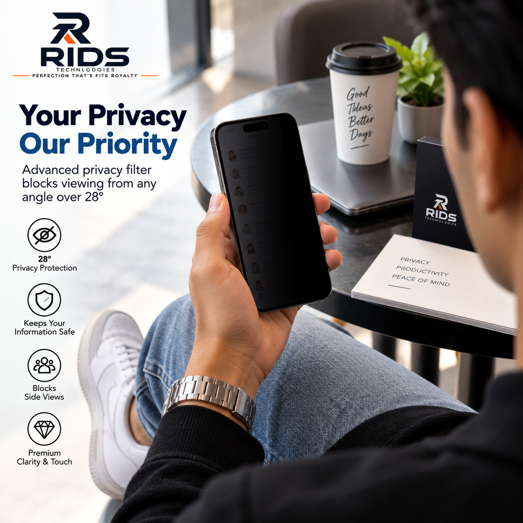 RIDS Technologies iPhone 14 PLUS Privacy Tempered Glass Screen Protector Pack of 2 | 28° Side View Privacy, 9H Hardness, Anti-Fingerprint, HD Clarity & Smooth Touch
