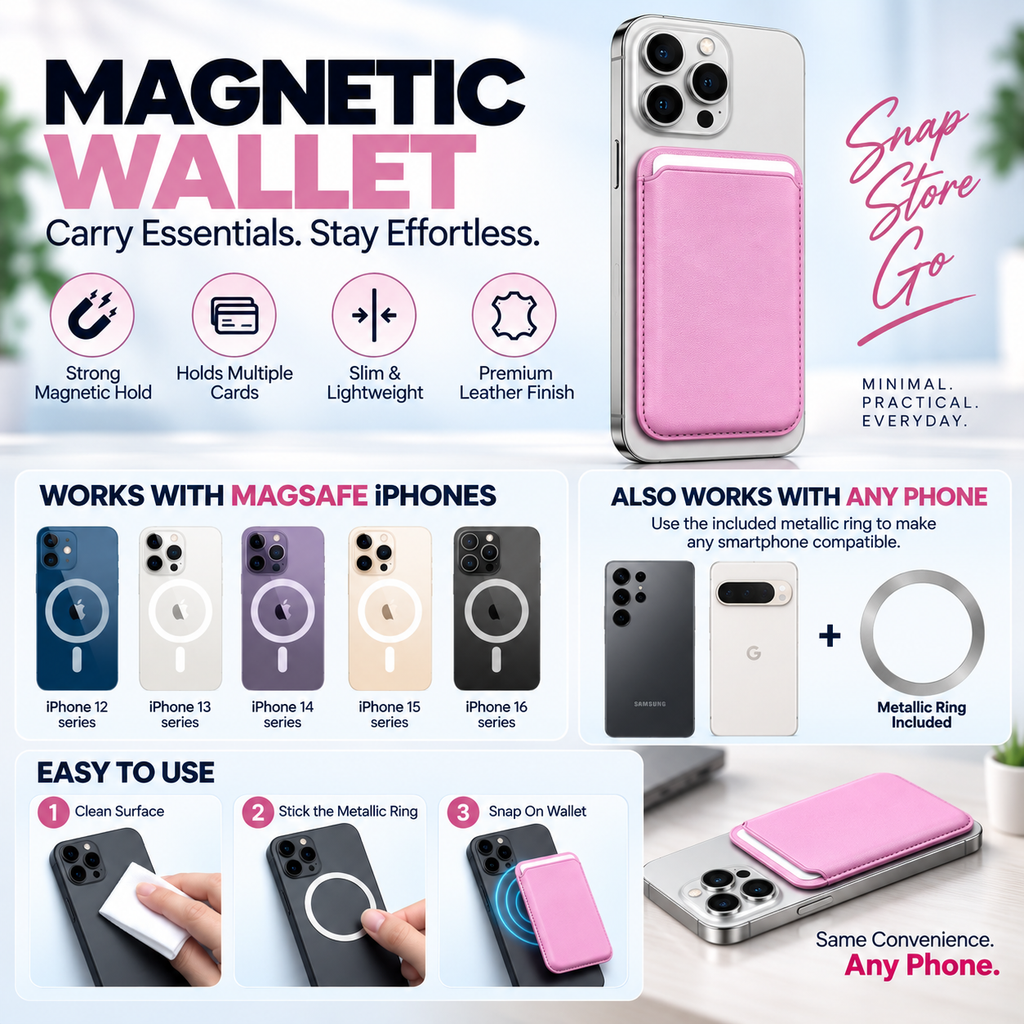 RIDS Technologies MagSafe Wallet – Magnetic Card Holder for iPhone, Slim Leather Finish ROYAL PINK