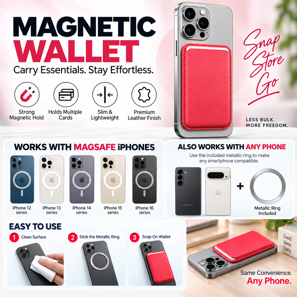 RIDS Technologies MagSafe Wallet – Magnetic Card Holder for iPhone, Slim Leather Finish RED