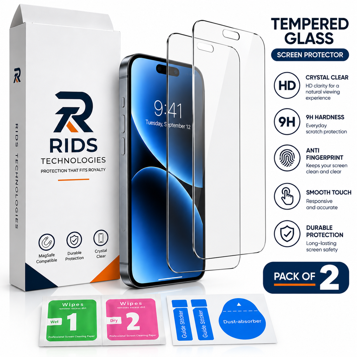 RIDS Technologies iPhone 14 PLUS Tempered Glass Pack of 2 | Crystal Clear HD, 9H Hardness, Anti-Fingerprint & Scratch Resistant